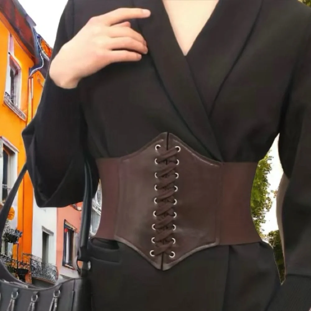 Vintage‎ Style Brown Faux Leather Lace Up Elastic Girdle Casual Wide Waistband